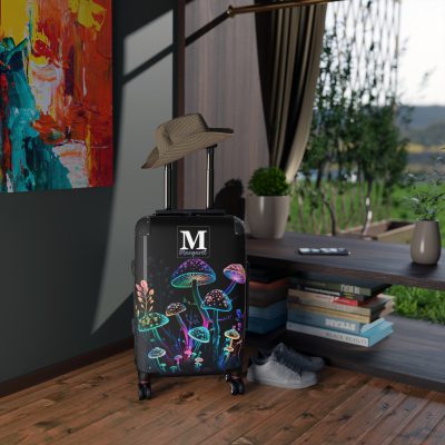 Custom Mushroom Suitcase - A personalized suitcase adorned with a whimsical mushroom-themed design, perfect for travelers who want to add a touch of magic to their luggage.