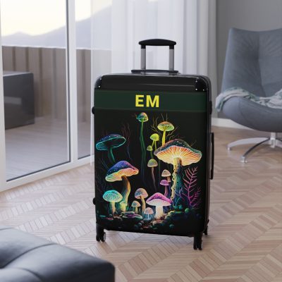 Custom Mushroom Suitcase - A personalized suitcase adorned with a whimsical mushroom-themed design, perfect for travelers who want to add a touch of magic to their luggage.