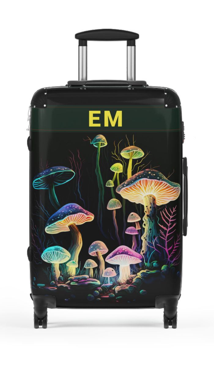 Custom Mushroom Suitcase - A personalized suitcase adorned with a whimsical mushroom-themed design, perfect for travelers who want to add a touch of magic to their luggage.