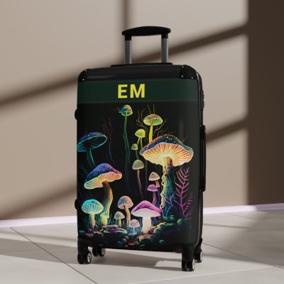 Custom Mushroom Suitcase - A personalized suitcase adorned with a whimsical mushroom-themed design, perfect for travelers who want to add a touch of magic to their luggage.