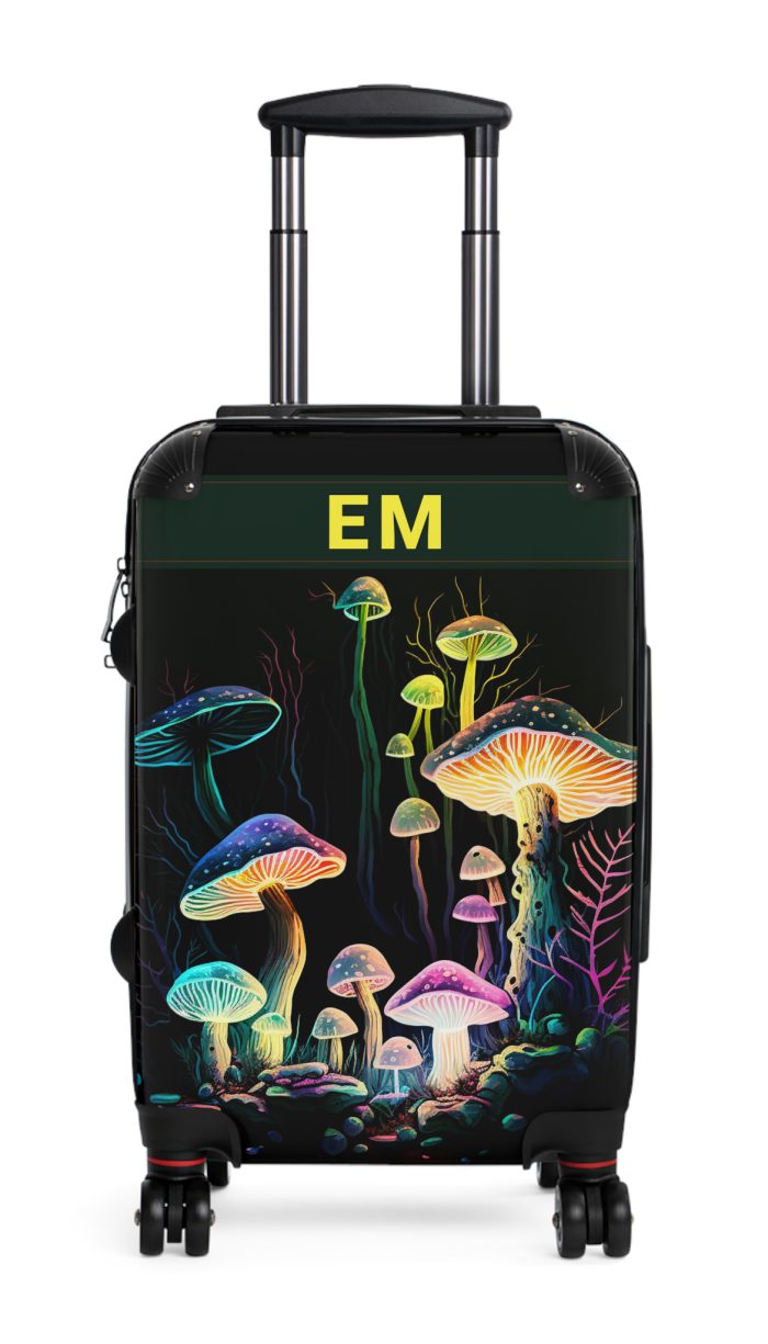 Custom Mushroom Suitcase - A personalized suitcase adorned with a whimsical mushroom-themed design, perfect for travelers who want to add a touch of magic to their luggage.