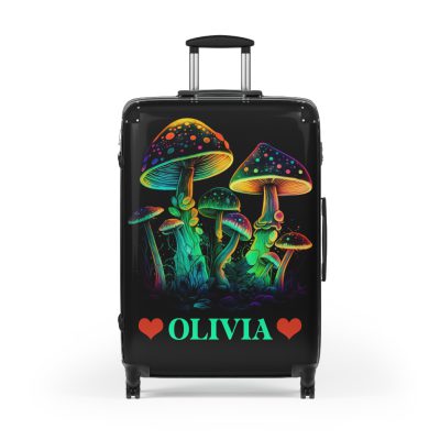 Custom Mushroom Suitcase - A personalized suitcase adorned with a whimsical mushroom-themed design, perfect for travelers who want to add a touch of magic to their luggage.