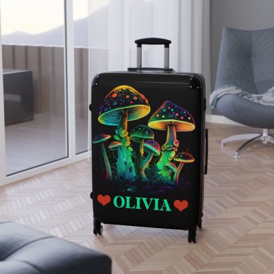 Custom Mushroom Suitcase - A personalized suitcase adorned with a whimsical mushroom-themed design, perfect for travelers who want to add a touch of magic to their luggage.