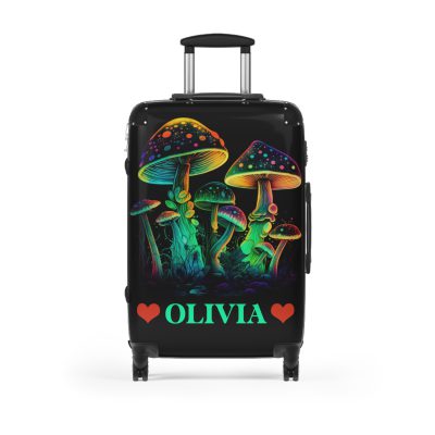 Custom Mushroom Suitcase - A personalized suitcase adorned with a whimsical mushroom-themed design, perfect for travelers who want to add a touch of magic to their luggage.