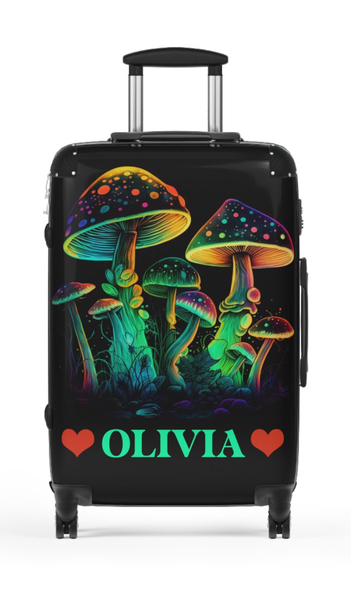 Custom Mushroom Suitcase - A personalized suitcase adorned with a whimsical mushroom-themed design, perfect for travelers who want to add a touch of magic to their luggage.