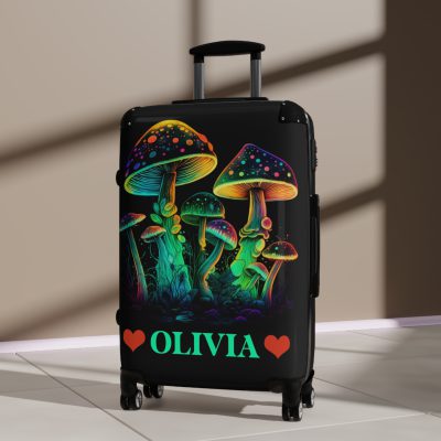 Custom Mushroom Suitcase - A personalized suitcase adorned with a whimsical mushroom-themed design, perfect for travelers who want to add a touch of magic to their luggage.