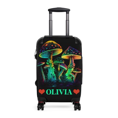 Custom Mushroom Suitcase - A personalized suitcase adorned with a whimsical mushroom-themed design, perfect for travelers who want to add a touch of magic to their luggage.