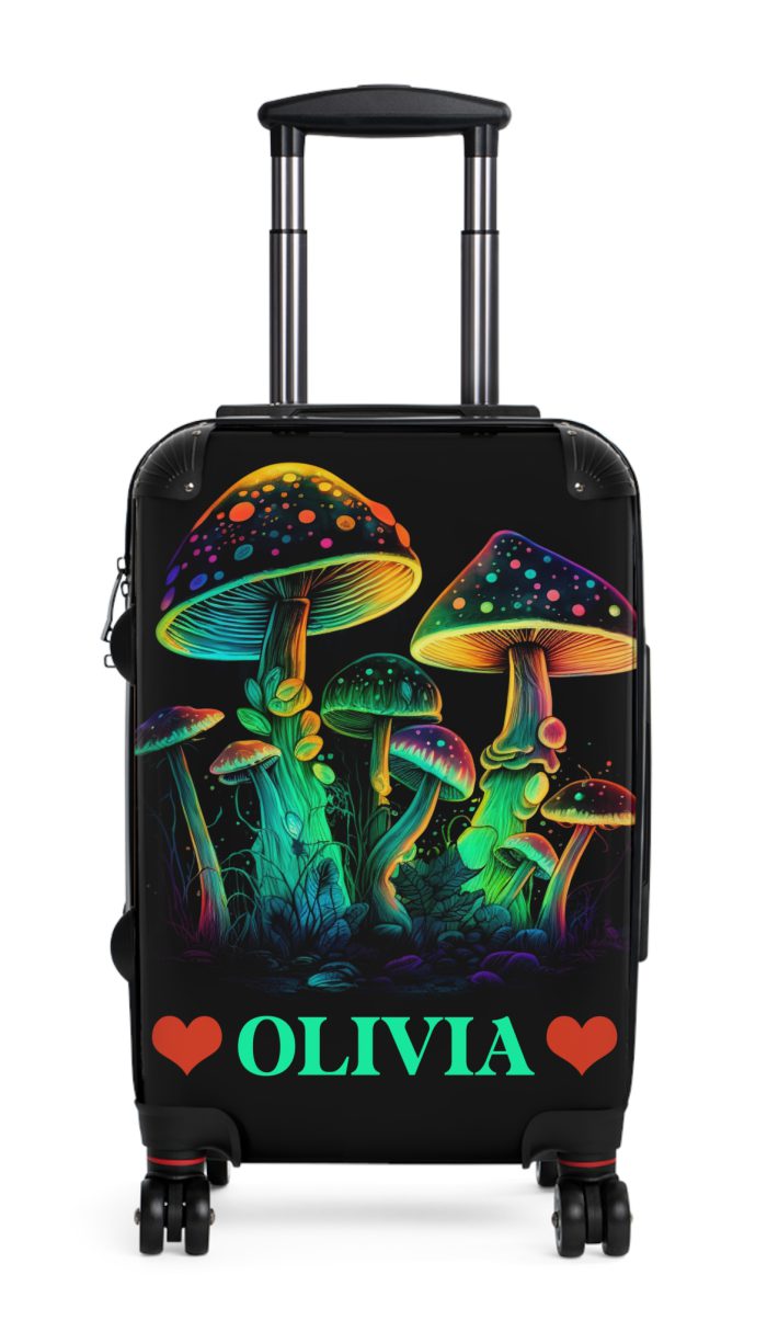 Custom Mushroom Suitcase - A personalized suitcase adorned with a whimsical mushroom-themed design, perfect for travelers who want to add a touch of magic to their luggage.