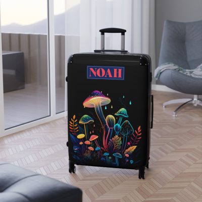 Custom Mushroom Suitcase - A personalized suitcase adorned with a whimsical mushroom-themed design, perfect for travelers who want to add a touch of magic to their luggage.