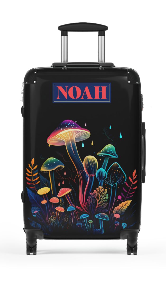 Custom Mushroom Suitcase - A personalized suitcase adorned with a whimsical mushroom-themed design, perfect for travelers who want to add a touch of magic to their luggage.