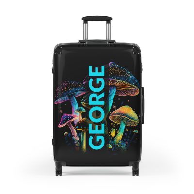 Custom Mushroom Suitcase - A personalized suitcase adorned with a whimsical mushroom-themed design, perfect for travelers who want to add a touch of magic to their luggage.