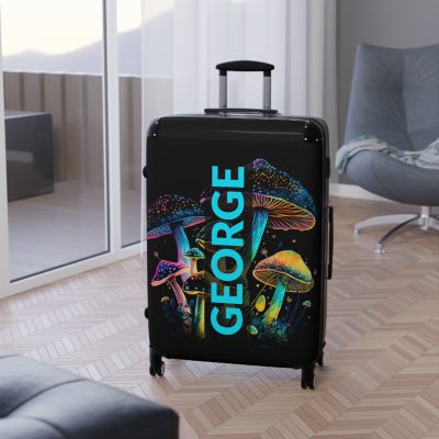 Custom Mushroom Suitcase - A personalized suitcase adorned with a whimsical mushroom-themed design, perfect for travelers who want to add a touch of magic to their luggage.