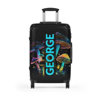 Custom Mushroom Suitcase - A personalized suitcase adorned with a whimsical mushroom-themed design, perfect for travelers who want to add a touch of magic to their luggage.