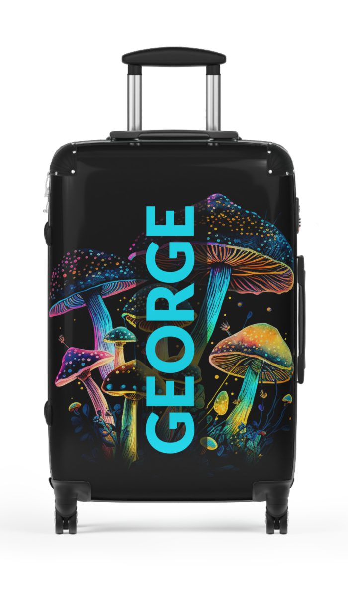 Custom Mushroom Suitcase - A personalized suitcase adorned with a whimsical mushroom-themed design, perfect for travelers who want to add a touch of magic to their luggage.