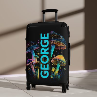 Custom Mushroom Suitcase - A personalized suitcase adorned with a whimsical mushroom-themed design, perfect for travelers who want to add a touch of magic to their luggage.