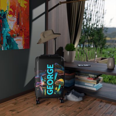 Custom Mushroom Suitcase - A personalized suitcase adorned with a whimsical mushroom-themed design, perfect for travelers who want to add a touch of magic to their luggage.