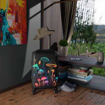 Mushroom Suitcase - A stylish suitcase featuring a whimsical mushroom design, perfect for travelers who want to embrace the charm of fungi in their luggage.