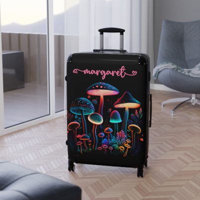 Custom Mushroom Suitcase - A personalized suitcase adorned with a whimsical mushroom-themed design, perfect for travelers who want to add a touch of magic to their luggage.