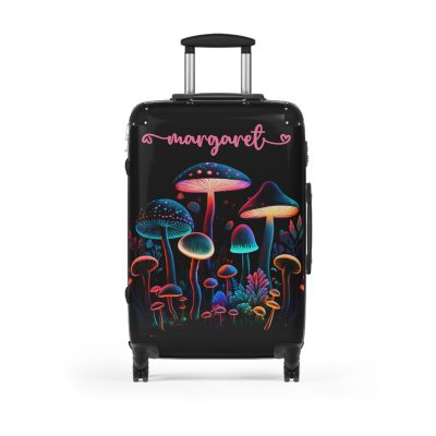 Custom Mushroom Suitcase - A personalized suitcase adorned with a whimsical mushroom-themed design, perfect for travelers who want to add a touch of magic to their luggage.