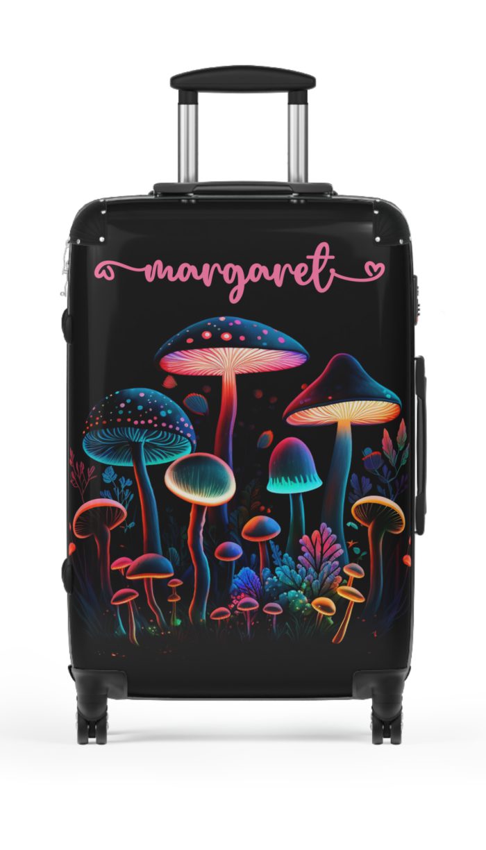 Custom Mushroom Suitcase - A personalized suitcase adorned with a whimsical mushroom-themed design, perfect for travelers who want to add a touch of magic to their luggage.