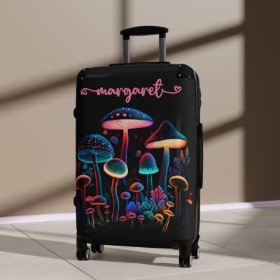 Custom Mushroom Suitcase - A personalized suitcase adorned with a whimsical mushroom-themed design, perfect for travelers who want to add a touch of magic to their luggage.