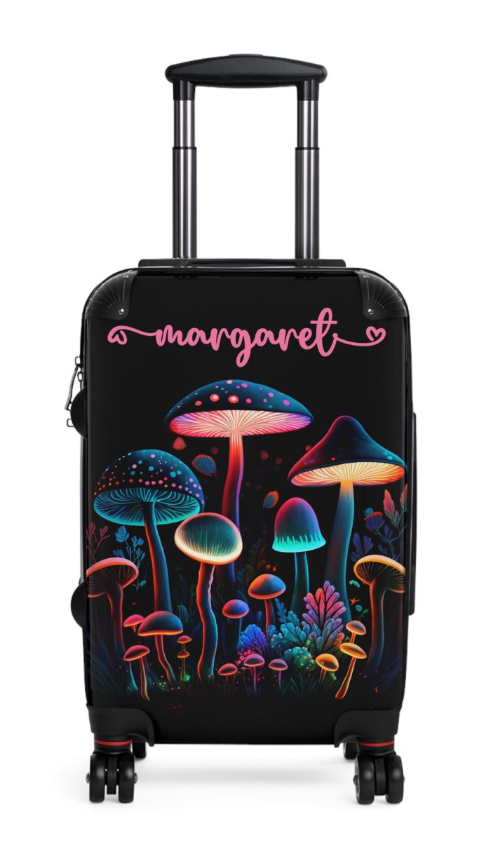 Custom Mushroom Suitcase - A personalized suitcase adorned with a whimsical mushroom-themed design, perfect for travelers who want to add a touch of magic to their luggage.