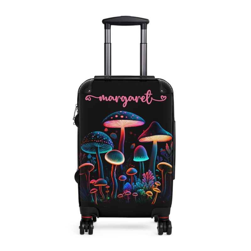 Custom Mushroom Suitcase - A personalized suitcase adorned with a whimsical mushroom-themed design, perfect for travelers who want to add a touch of magic to their luggage.