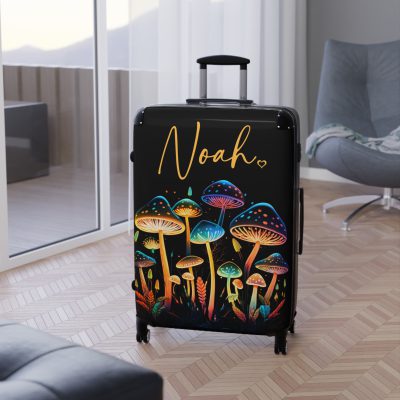 Custom Mushroom Suitcase - A personalized suitcase adorned with a whimsical mushroom-themed design, perfect for travelers who want to add a touch of magic to their luggage.