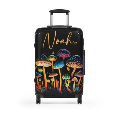 Custom Mushroom Suitcase - A personalized suitcase adorned with a whimsical mushroom-themed design, perfect for travelers who want to add a touch of magic to their luggage.