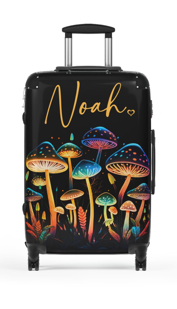 Custom Mushroom Suitcase - A personalized suitcase adorned with a whimsical mushroom-themed design, perfect for travelers who want to add a touch of magic to their luggage.