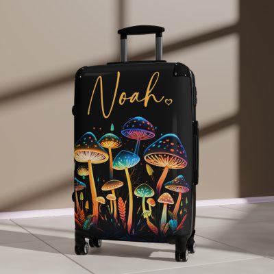 Custom Mushroom Suitcase - A personalized suitcase adorned with a whimsical mushroom-themed design, perfect for travelers who want to add a touch of magic to their luggage.