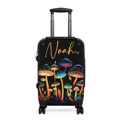 Custom Mushroom Suitcase - A personalized suitcase adorned with a whimsical mushroom-themed design, perfect for travelers who want to add a touch of magic to their luggage.