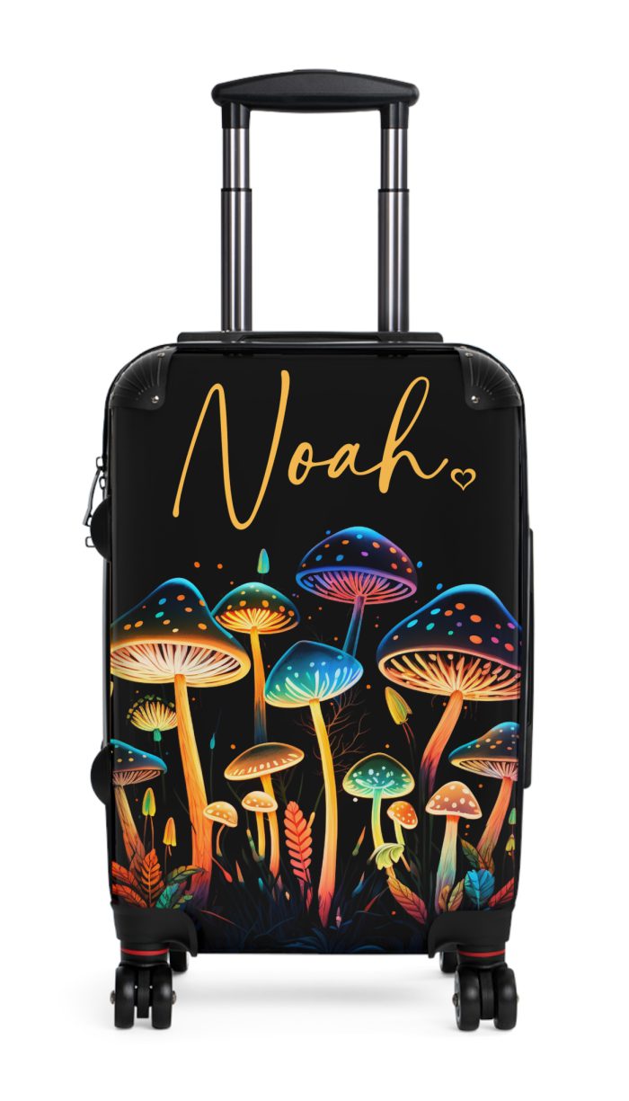 Custom Mushroom Suitcase - A personalized suitcase adorned with a whimsical mushroom-themed design, perfect for travelers who want to add a touch of magic to their luggage.