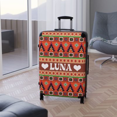 Custom Aztec Suitcase - A personalized suitcase adorned with a unique Aztec-inspired design, perfect for travelers who want to make a statement with their luggage.