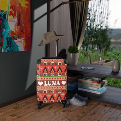 Custom Aztec Suitcase - A personalized suitcase adorned with a unique Aztec-inspired design, perfect for travelers who want to make a statement with their luggage.