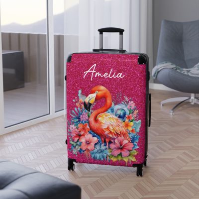 Custom Name Flamingo Suitcase - Personalized Flamingo Themed Luggage with Vibrant Design