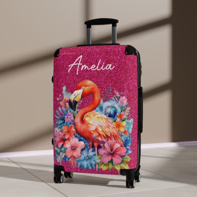 Custom Name Flamingo Suitcase - Personalized Flamingo Themed Luggage with Vibrant Design