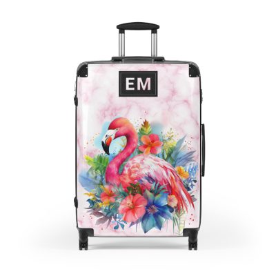 Custom Initial Flamingo Suitcase - Personalized Flamingo Themed Luggage with Vibrant Design.