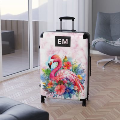 Custom Initial Flamingo Suitcase - Personalized Flamingo Themed Luggage with Vibrant Design.