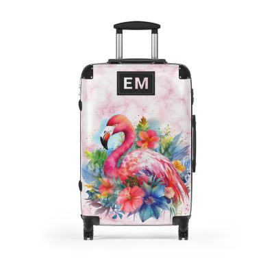 Custom Initial Flamingo Suitcase - Personalized Flamingo Themed Luggage with Vibrant Design.