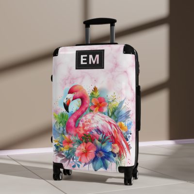 Custom Initial Flamingo Suitcase - Personalized Flamingo Themed Luggage with Vibrant Design.