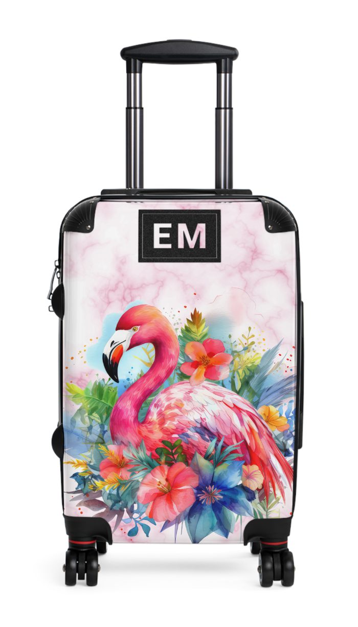 Custom Initial Flamingo Suitcase - Personalized Flamingo Themed Luggage with Vibrant Design.