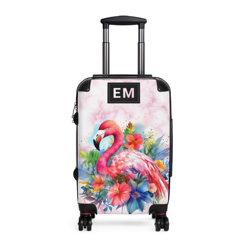 Custom Initial Flamingo Suitcase - Personalized Flamingo Themed Luggage with Vibrant Design.