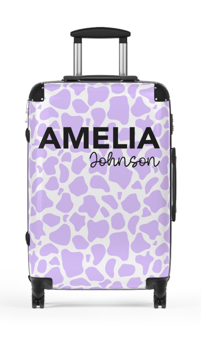 Custom Cow Print Suitcase - A personalized luggage adorned with a unique cow print design, perfect for travelers who want to add a touch of individuality to their journeys.