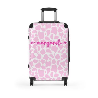 Custom Cow Print Suitcase - A personalized luggage adorned with a unique cow print design, perfect for travelers who want to add a touch of individuality to their journeys.