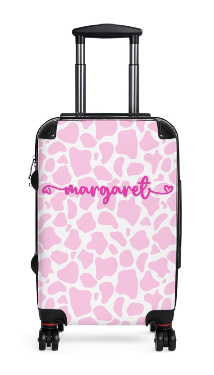 Custom Cow Print Suitcase - A personalized luggage adorned with a unique cow print design, perfect for travelers who want to add a touch of individuality to their journeys.