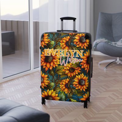 Custom Sunflower Suitcase - A personalized luggage adorned with a bright sunflower design, perfect for travelers who want to add a touch of cheer to their journeys.