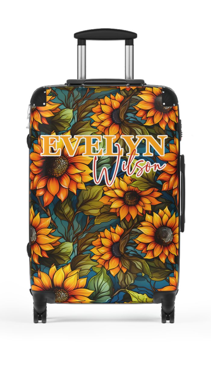 Custom Sunflower Suitcase - A personalized luggage adorned with a bright sunflower design, perfect for travelers who want to add a touch of cheer to their journeys.