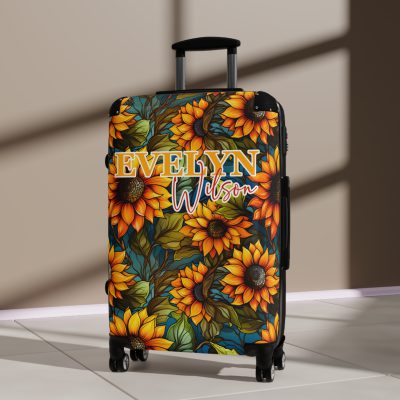 Custom Sunflower Suitcase - A personalized luggage adorned with a bright sunflower design, perfect for travelers who want to add a touch of cheer to their journeys.