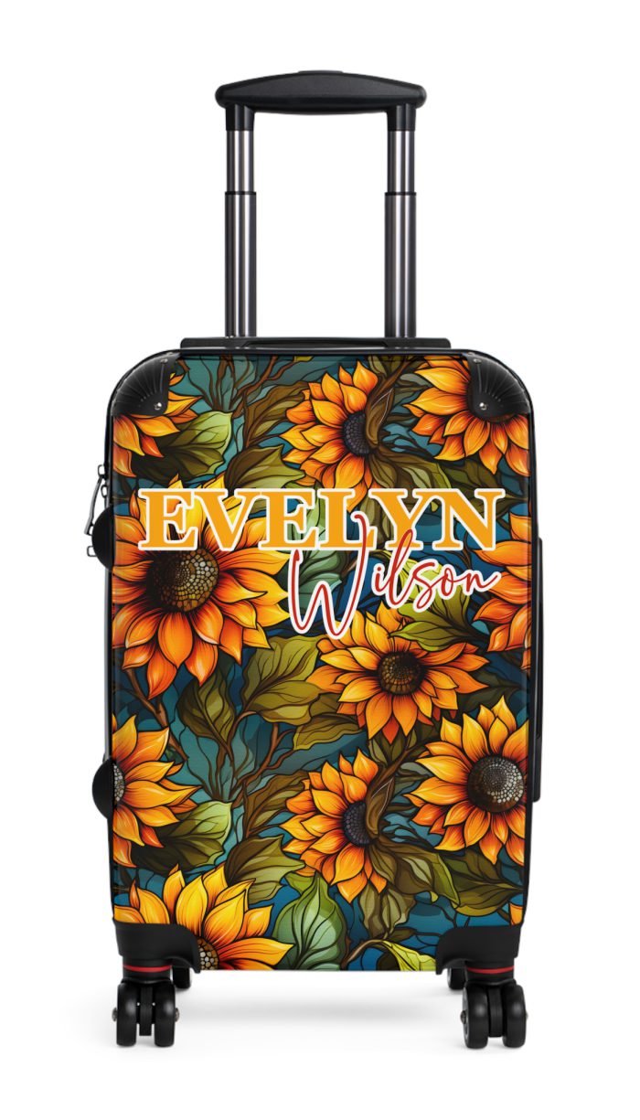 Custom Sunflower Suitcase - A personalized luggage adorned with a bright sunflower design, perfect for travelers who want to add a touch of cheer to their journeys.